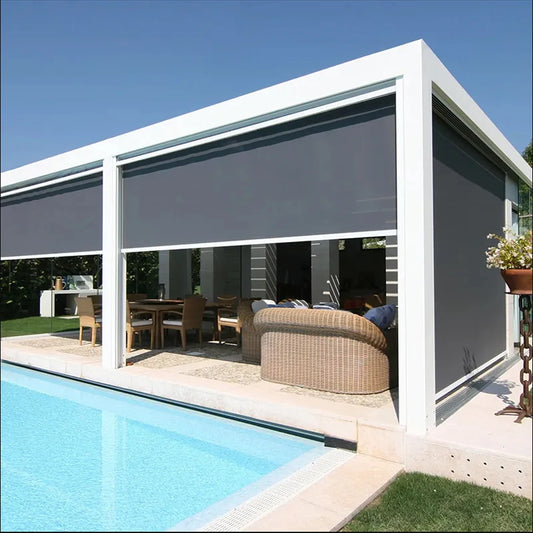 Windproof Roller Blinds Custom Electric Patio Screen Hurricane Fabric PVC Outdoor Track