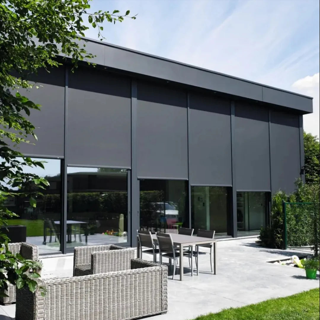 Windproof Roller Blinds Custom Electric Patio Screen Hurricane Fabric PVC Outdoor Track