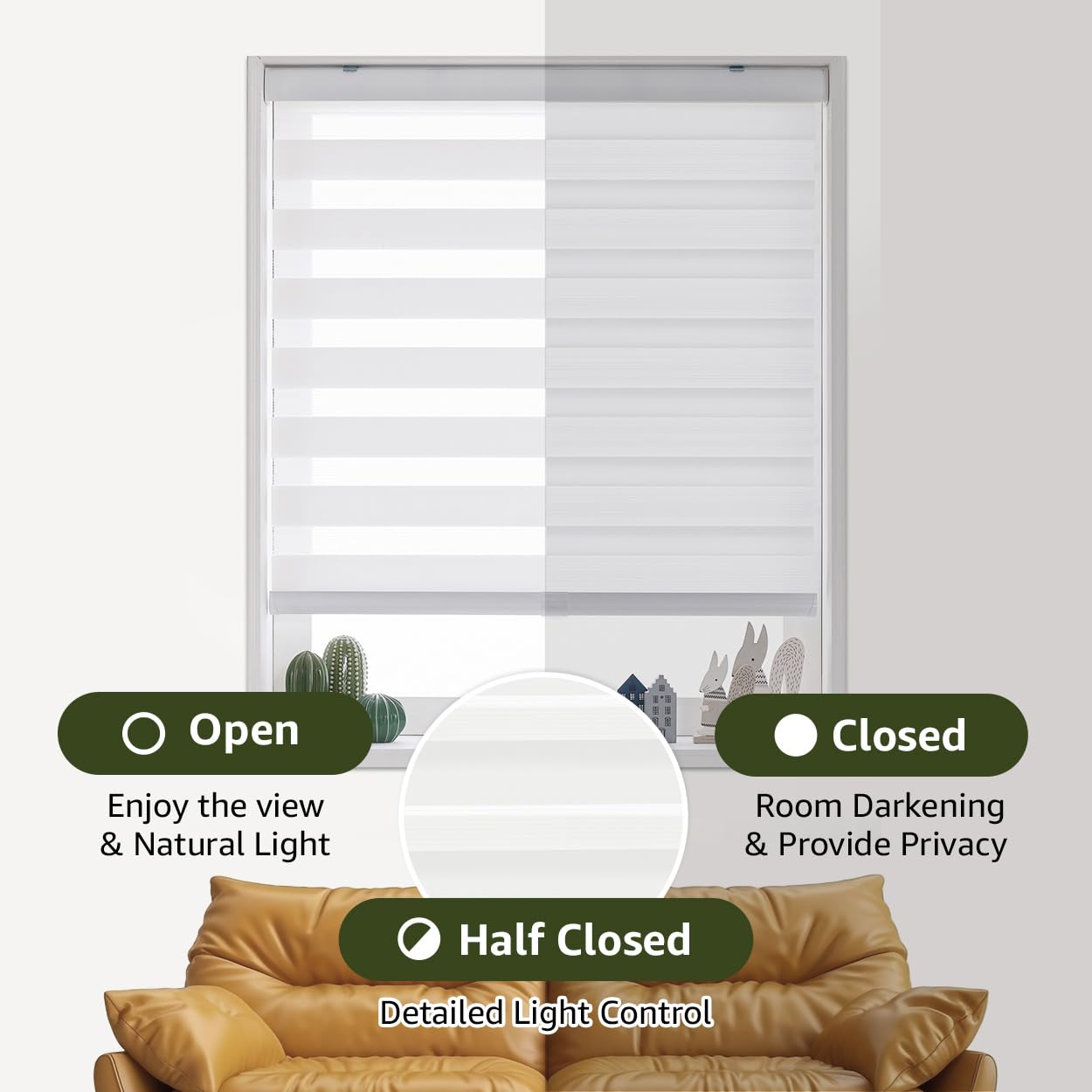 Window Shades Blackout Day-Night Zebra Blinds Stripes Cordless Privacy