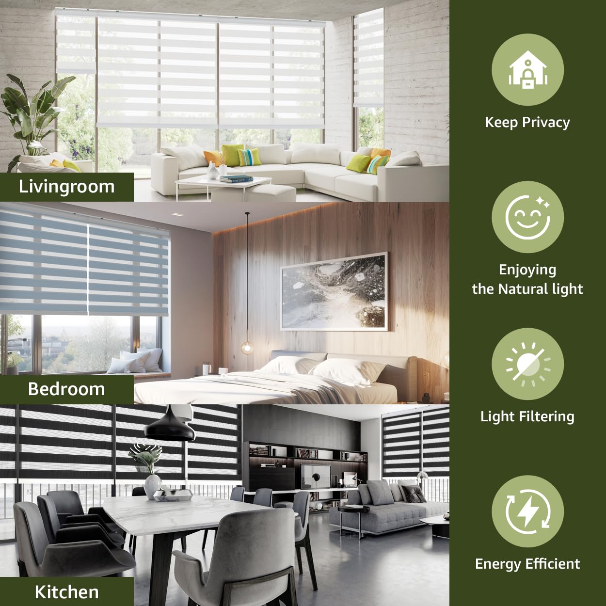 Window Shades Blackout Day-Night Zebra Blinds Stripes Cordless Privacy