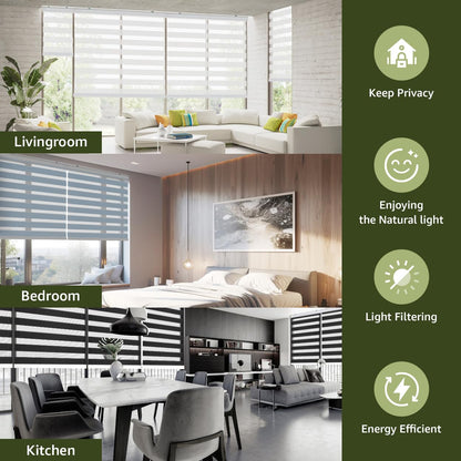Window Shades Blackout Day-Night Zebra Blinds Stripes Cordless Privacy